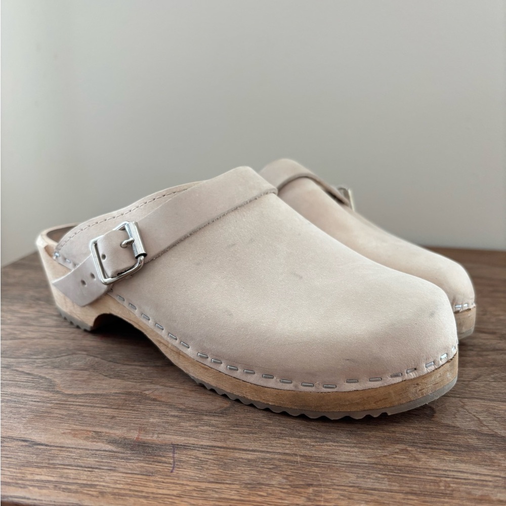 Beige Slip-On Clogs with Buckle